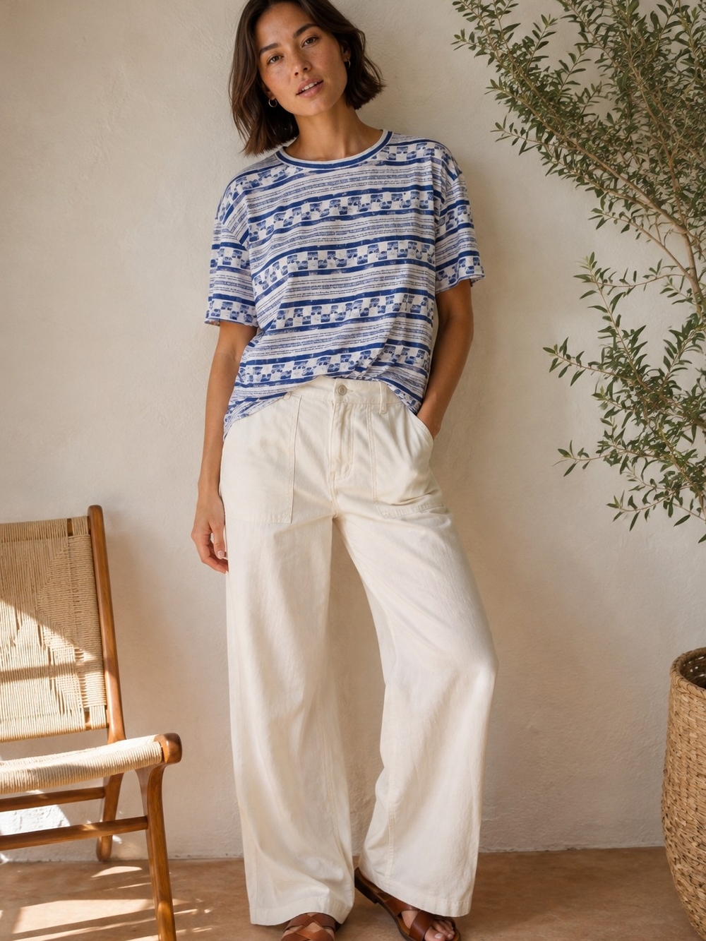 We The Free Nina Printed Tee Blue Navy Striped Graphic XS